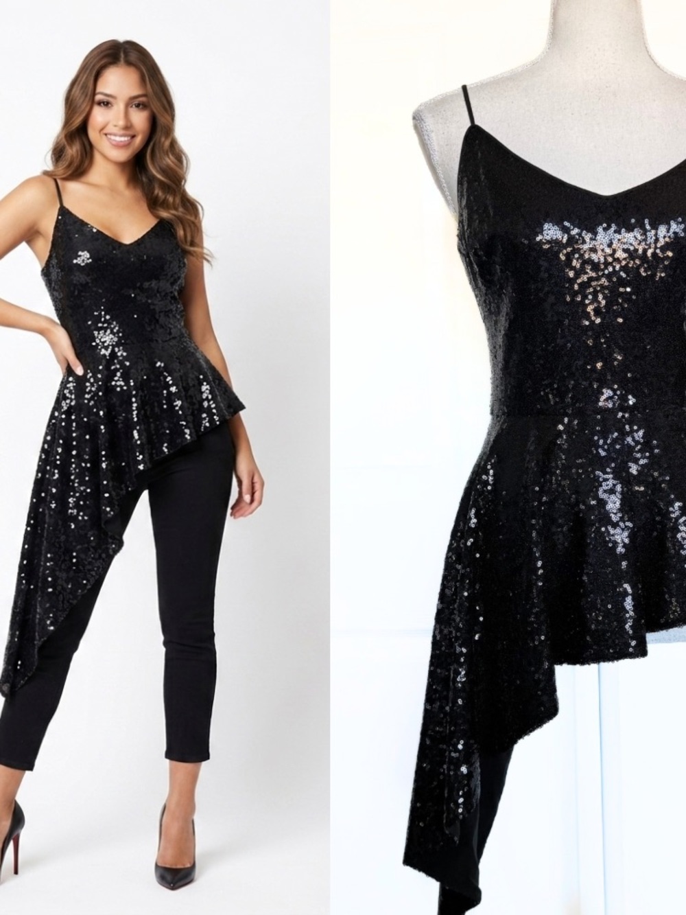 NWT Black Halo Black Sequin Asymmetrical Peplum Top Zip Metallic
